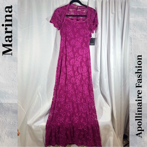 MARINA SQUARE NECK LACE MAXI DRESS FUCHSIA MEDIUM NWT - Picture 3 of 7